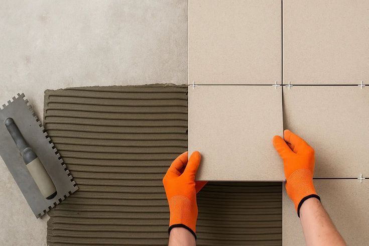 Tile adhesive being applied for tile fixing.